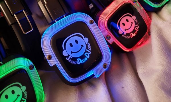 Silent disco headphones showing the different channel colors